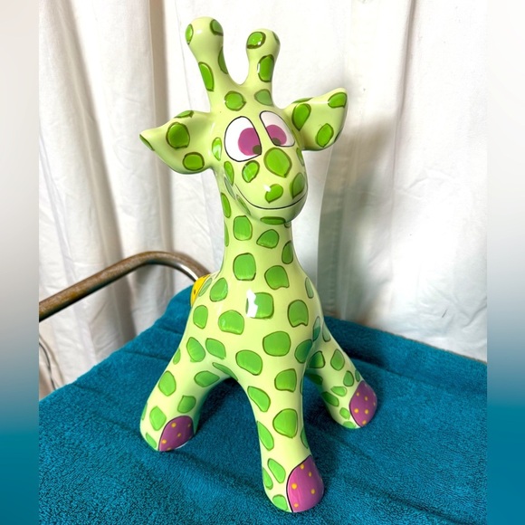 Giraffe Piggy Bank Ceramic Ganz signed Pati Green Polka Dots & Purple Eyes 15” - Picture 1 of 6